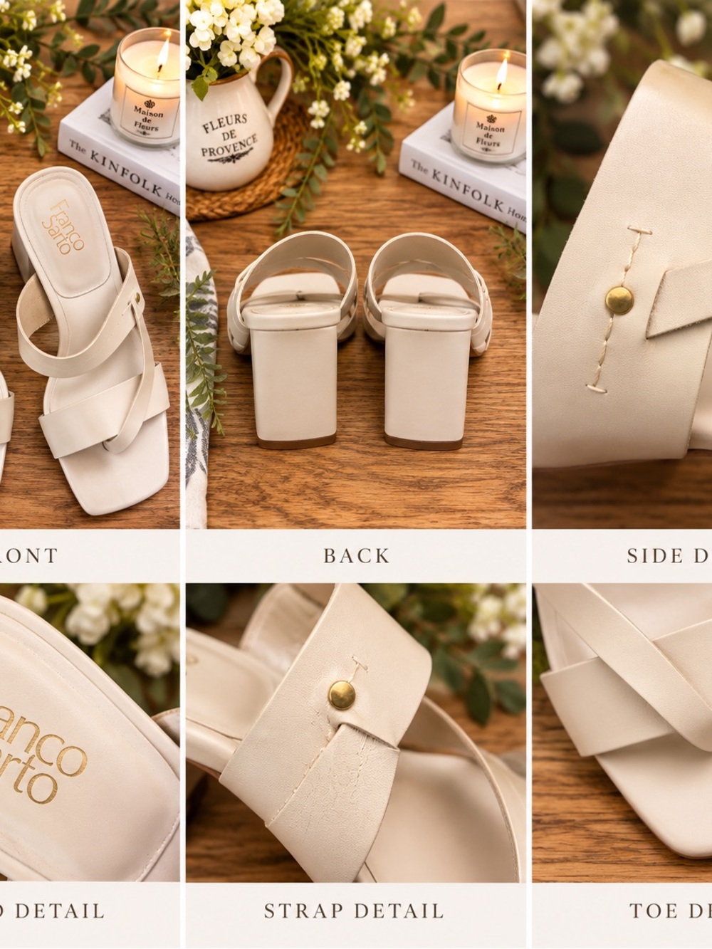 Franco Sarto Cream Leather Block Heel Slide Sandals